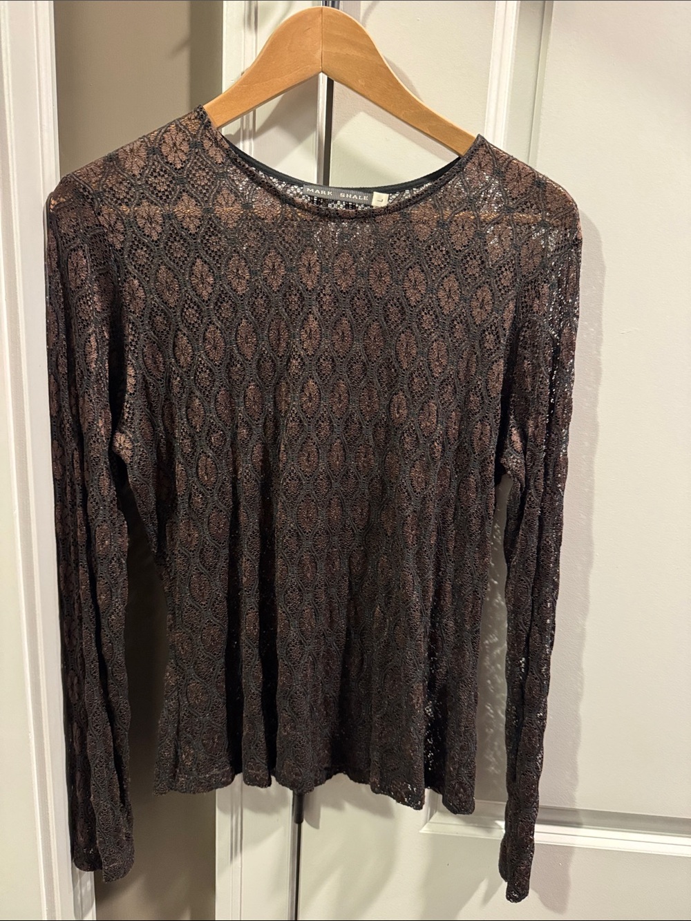 Shimmer Lace-Pattern Long Sleeve Top - Brown